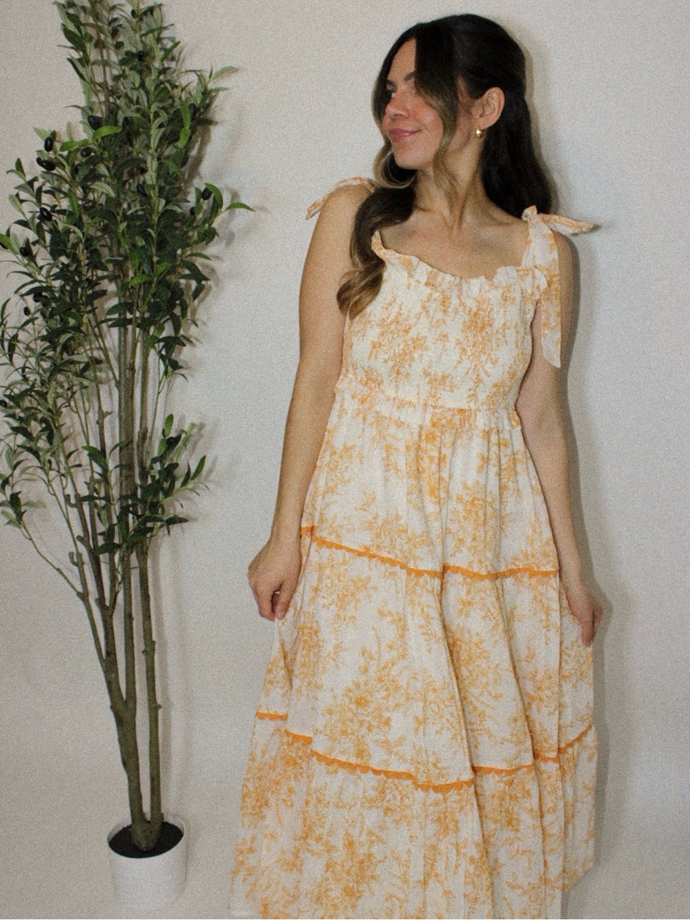NWT Orange Floral Tie-Strap Midi Dress
